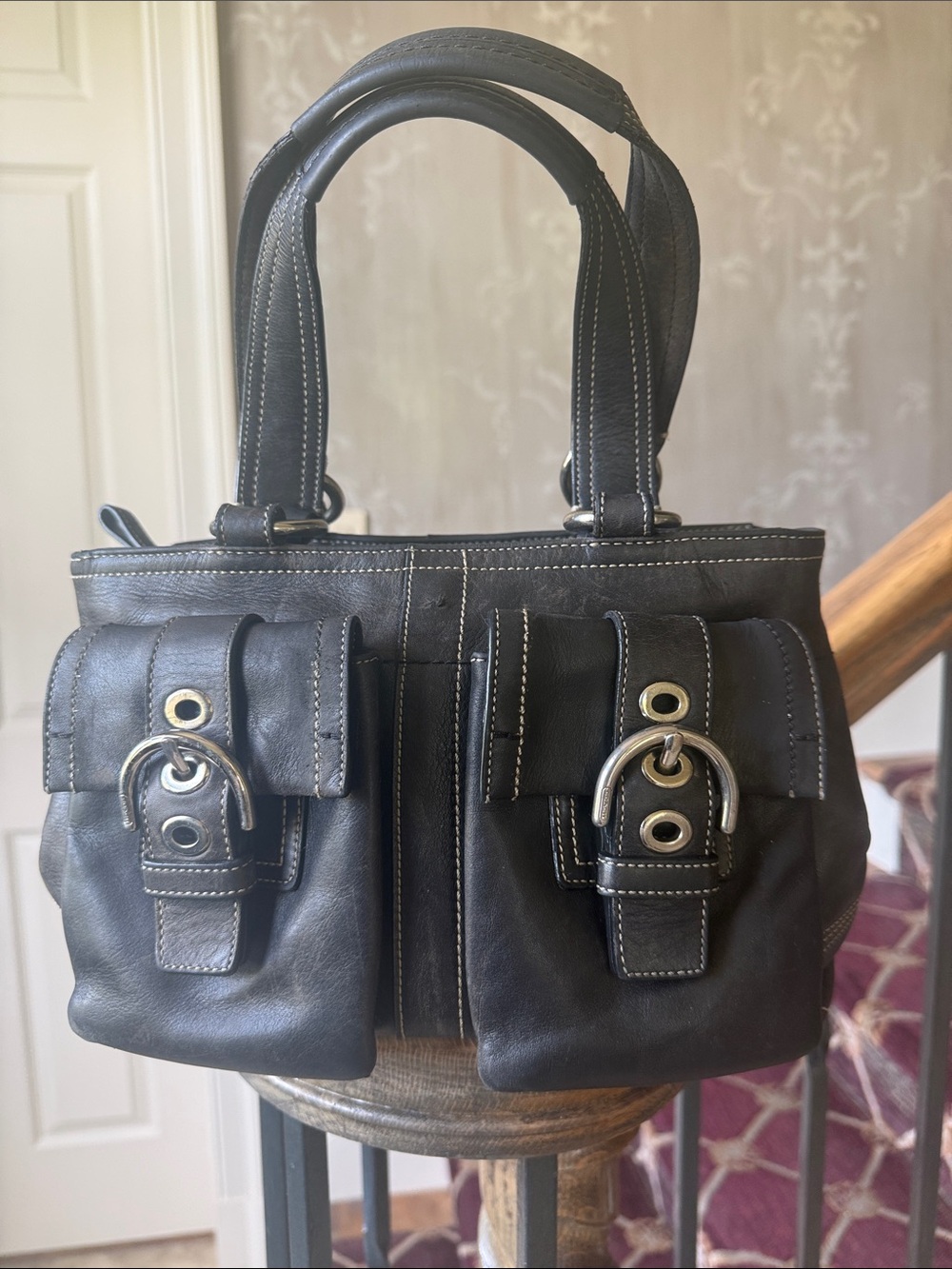 COACH Soho, leather double pocket satchel/tote, preowned black, and silver - Picture 7 of 11